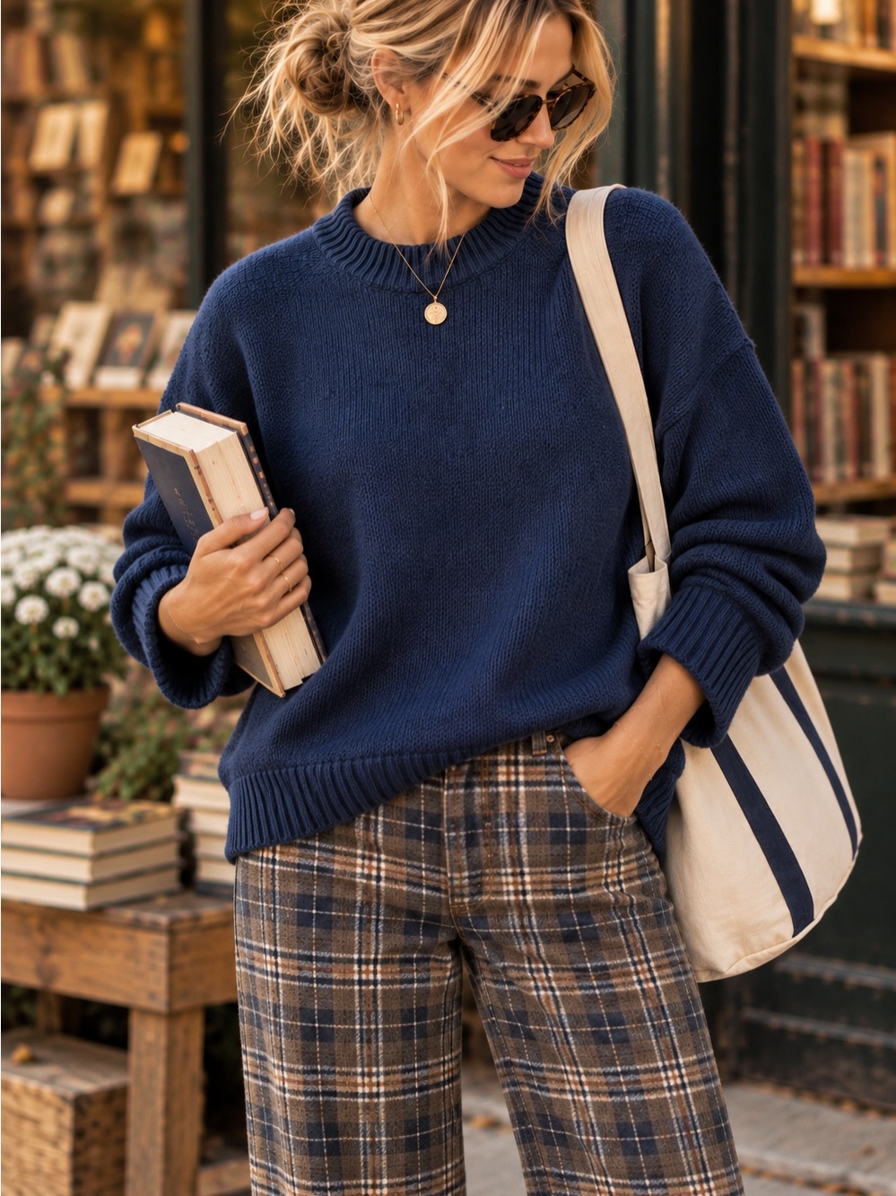 Quince Women's 100% Organic Cotton Boyfriend Crewneck Sweater-Navy-Small